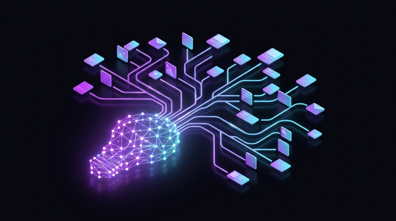 Lâmpada de ideias se ramificando em cards de conteúdo